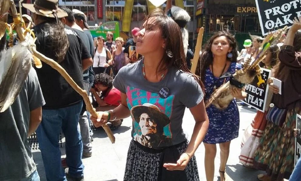 Naelyn Pike, Wendsler Nosie’s granddaughter, participates in a protest in support of Oak Flat in Times Square, New York.