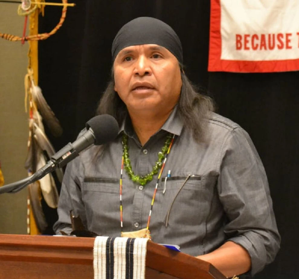 Wendsler Nosie, Sr. speaks to an audience about the threat to Oak Flat by a mining project proposed by Resolution Copper, launched by Rio Tinto, a British-Australian joint project